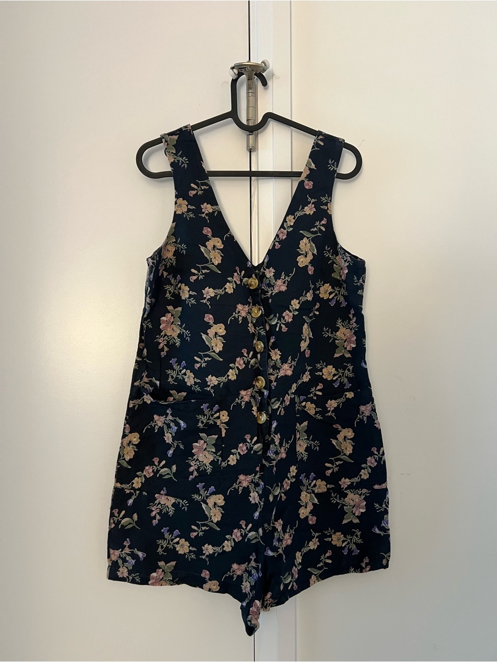 Floral Button-Front V-Neck Romper in Navy - Topshop